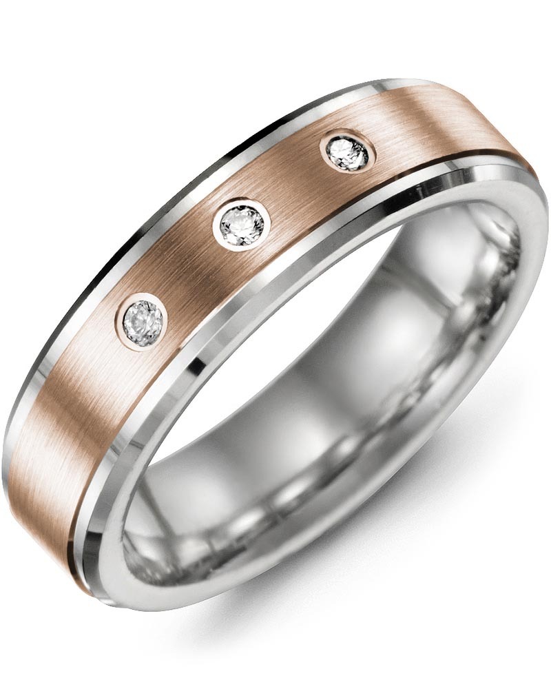 Men's & Women's White Gold & Rose Gold + 3 Diamonds 0.06ct Wedding Band