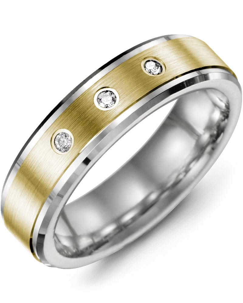 Men's & Women's White Gold & Yellow Gold + 3 Diamonds 0.06ct Wedding Band