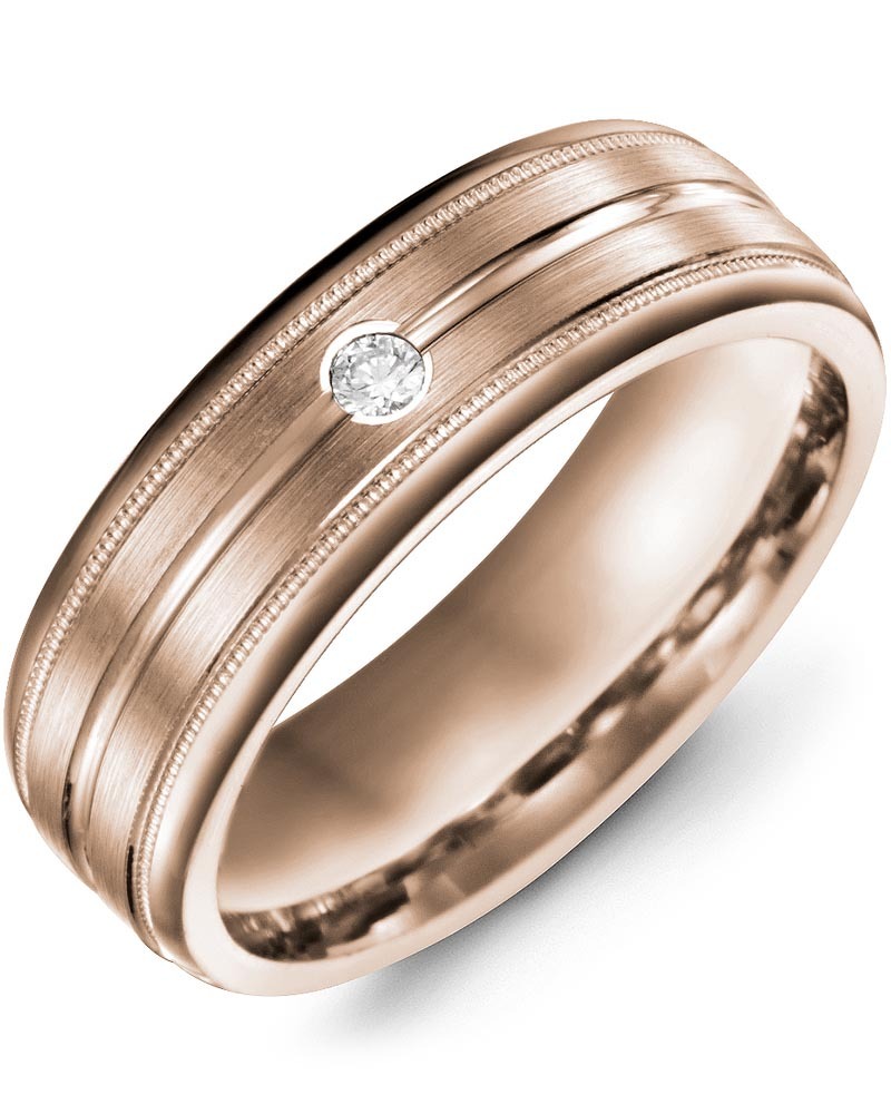 Men's & Women's Rose Gold + 1 Diamond 0.05ct Wedding Band from MADANI Rings. Wedding bands, fashion rings, promise rings, made of Tungsten, Ceramic, Cobalt, and Gold. View the collection at madanirings.com