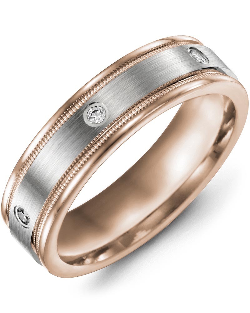 Men's & Women's Rose Gold & White Gold + 3 Diamonds 0.06ct Wedding Band