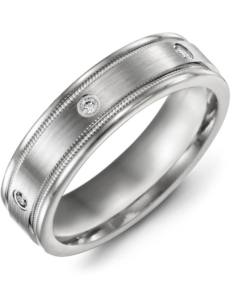 Men's & Women's White Gold & White Gold + 3 Diamonds 0.06ct Wedding Band from MADANI Rings. Wedding bands, fashion rings, promise rings, made of Tungsten, Ceramic, Cobalt, and Gold. View the collection at madanirings.com
