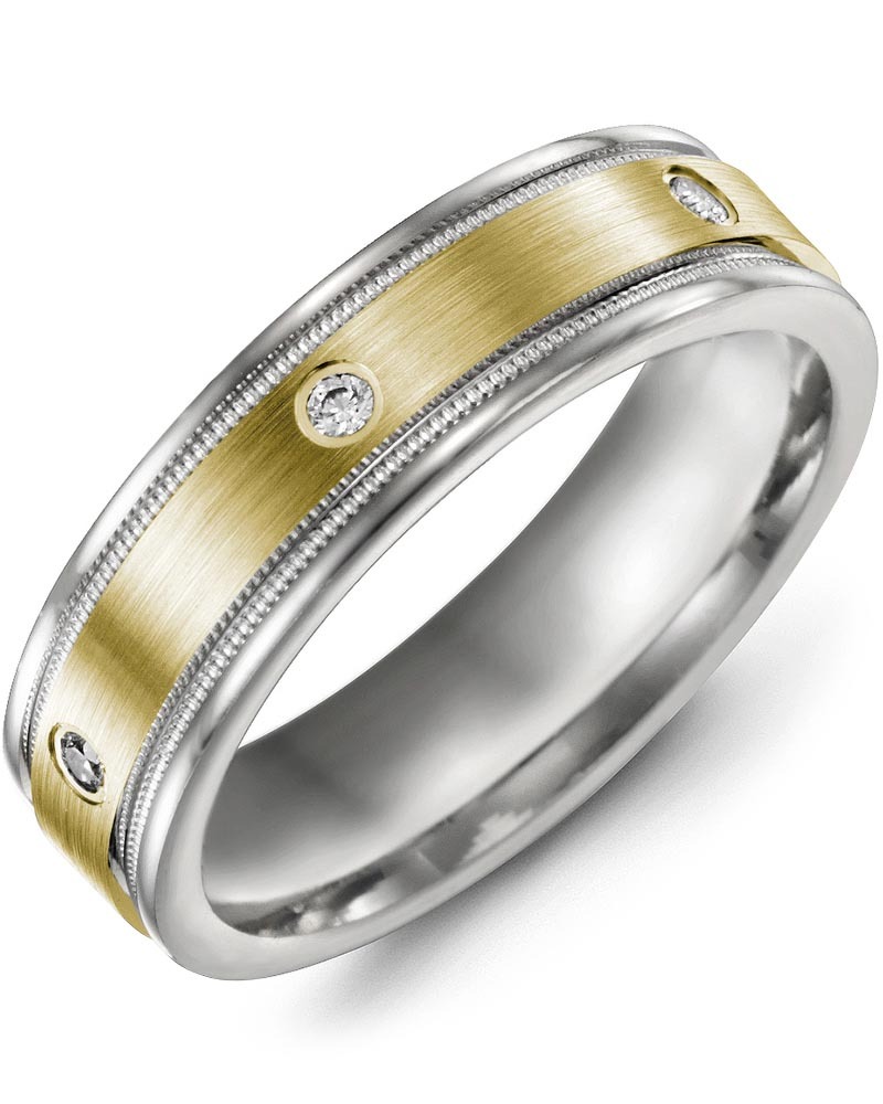 Men's & Women's White Gold & Yellow Gold + 3 Diamonds 0.06ct Wedding Band