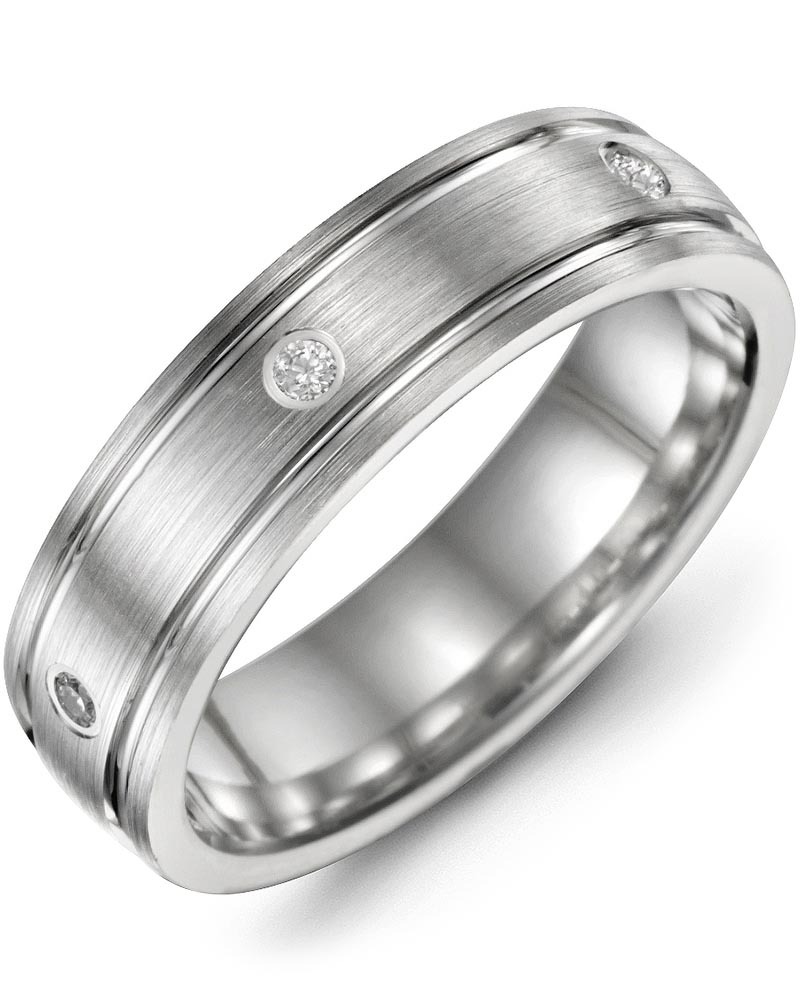 Men's & Women's White Gold + 3 Diamonds 0.06ct Wedding Band from MADANI Rings. Wedding bands, fashion rings, promise rings, made of Tungsten, Ceramic, Cobalt, and Gold. View the collection at madanirings.com