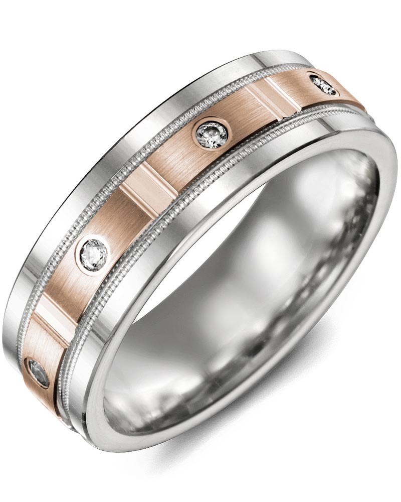 Men's & Women's White Gold & Rose Gold + 4 Diamonds 0.08ct Wedding Band