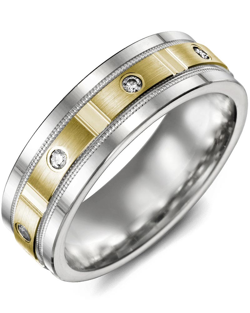 Men's & Women's White Gold & Yellow Gold + 4 Diamonds 0.08ct Wedding Band