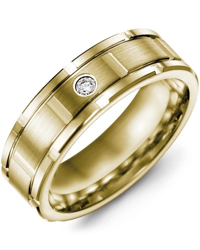 Men's & Women's Yellow Gold + 1 Diamond 0.05ct Wedding Band from MADANI Rings. Wedding bands, fashion rings, promise rings, made of Tungsten, Ceramic, Cobalt, and Gold. View the collection at madanirings.com