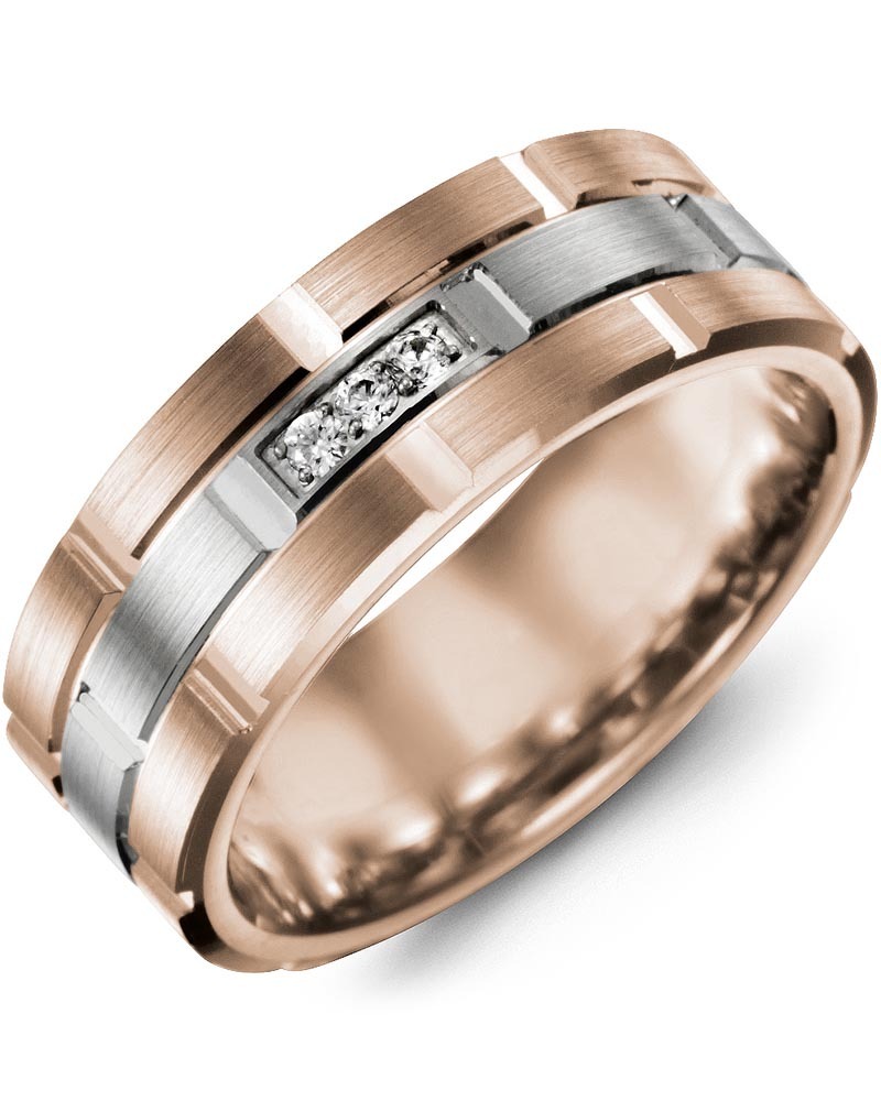 Men's & Women's Rose Gold & White Gold + 3 Diamonds 0.06ct Wedding Band