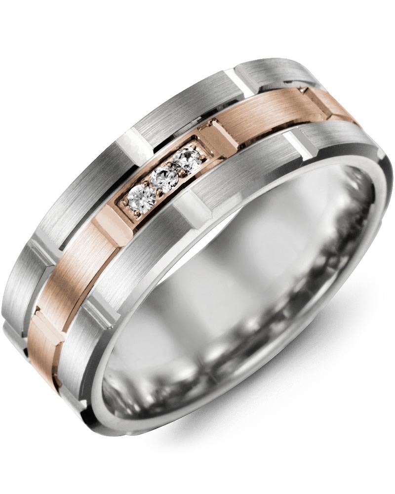 Men's & Women's White Gold & Rose Gold + 3 Diamonds 0.06ct Wedding Band