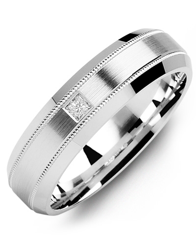 Men's & Women's White Gold + 1 Diamond 0.05ct Wedding Band from MADANI Rings. Wedding bands, fashion rings, promise rings, made of Tungsten, Ceramic, Cobalt, and Gold. View the collection at madanirings.com