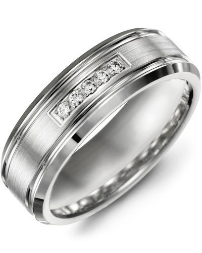 Men's & Women's White Gold + 5 Diamonds 0.10ct Wedding Band from MADANI Rings. Wedding bands, fashion rings, promise rings, made of Tungsten, Ceramic, Cobalt, and Gold. View the collection at madanirings.com