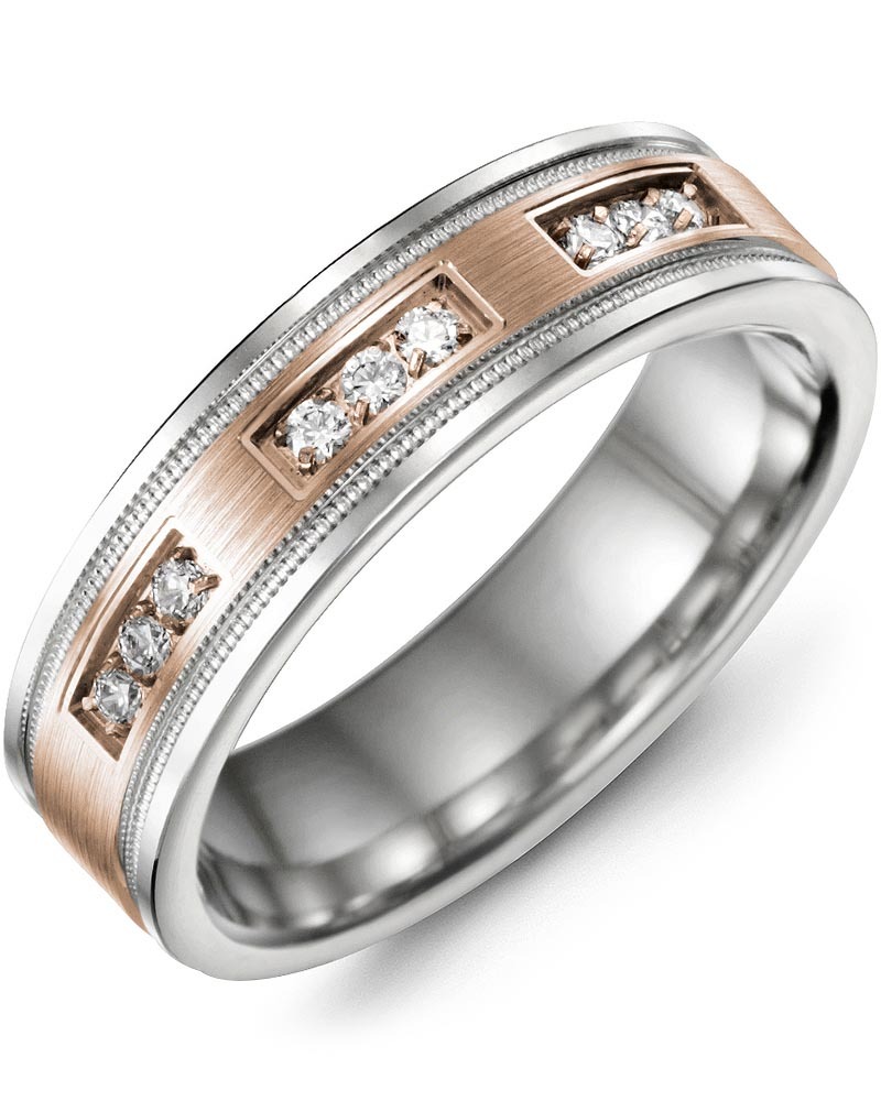 Men's & Women's White Gold & Rose Gold + 9 Diamonds 0.18ct Wedding Band