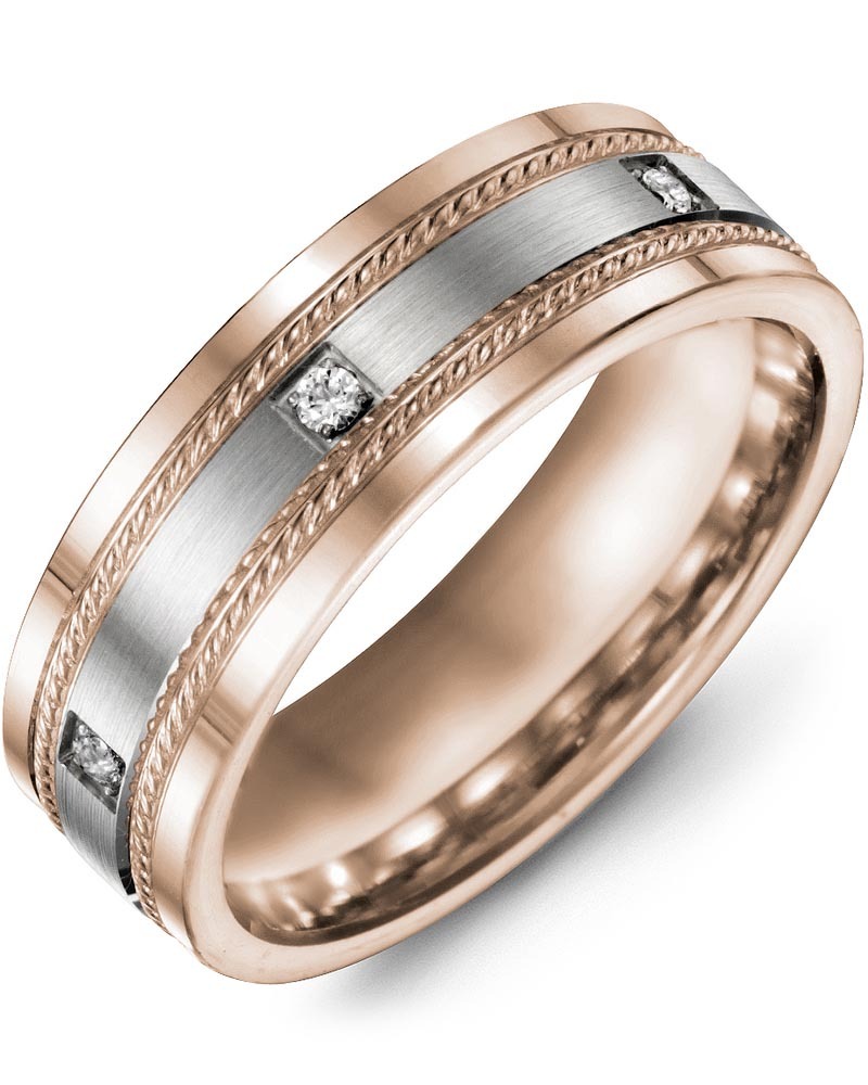 Men's & Women's Rose Gold & White Gold + 3 Diamonds 0.06ct Wedding Band
