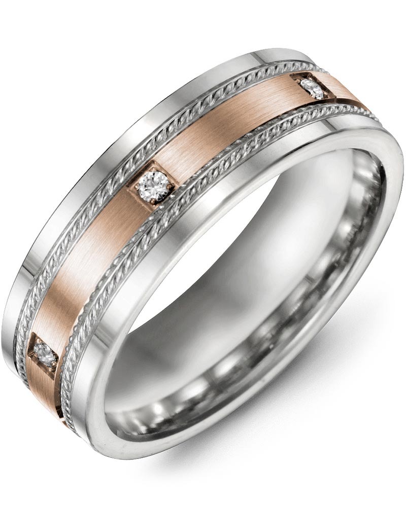 Men's & Women's White Gold & Rose Gold + 3 Diamonds 0.06ct Wedding Band