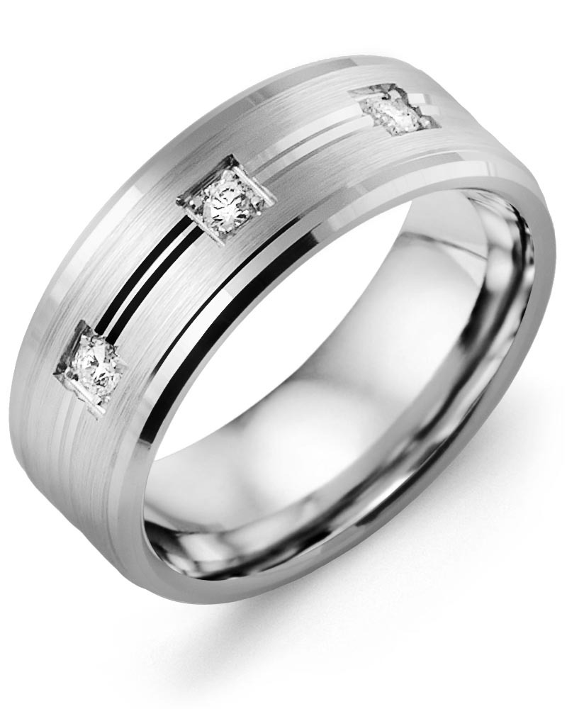 Men's & Women's White Gold + 3 Diamonds 0.15ct Wedding Band from MADANI Rings. Wedding bands, fashion rings, promise rings, made of Tungsten, Ceramic, Cobalt, and Gold. View the collection at madanirings.com