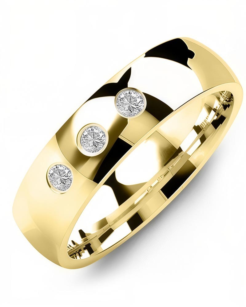 Men's & Women's Yellow Gold + 3 Diamonds 0.15ct Wedding Band from MADANI Rings. Wedding bands, fashion rings, promise rings, made of Tungsten, Ceramic, Cobalt, and Gold. View the collection at madanirings.com