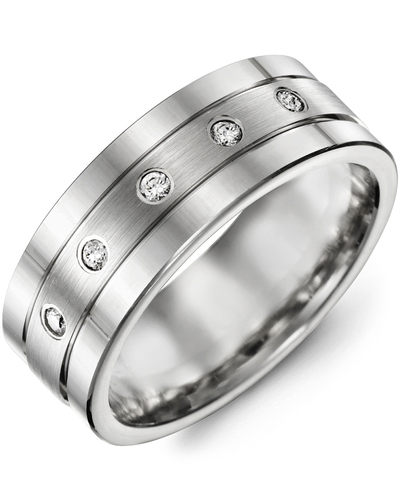 Men's & Women's White Gold + 5 Diamonds 0.10ct Wedding Band from MADANI Rings. Wedding bands, fashion rings, promise rings, made of Tungsten, Ceramic, Cobalt, and Gold. View the collection at madanirings.com