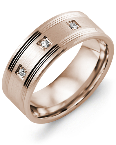 Men's & Women's Rose Gold + 3 Diamonds 0.06ct Wedding Band from MADANI Rings. Wedding bands, fashion rings, promise rings, made of Tungsten, Ceramic, Cobalt, and Gold. View the collection at madanirings.com