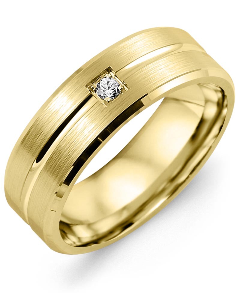 Men's & Women's Yellow Gold + 1 Diamond 0.05ct Wedding Band from MADANI Rings. Wedding bands, fashion rings, promise rings, made of Tungsten, Ceramic, Cobalt, and Gold. View the collection at madanirings.com