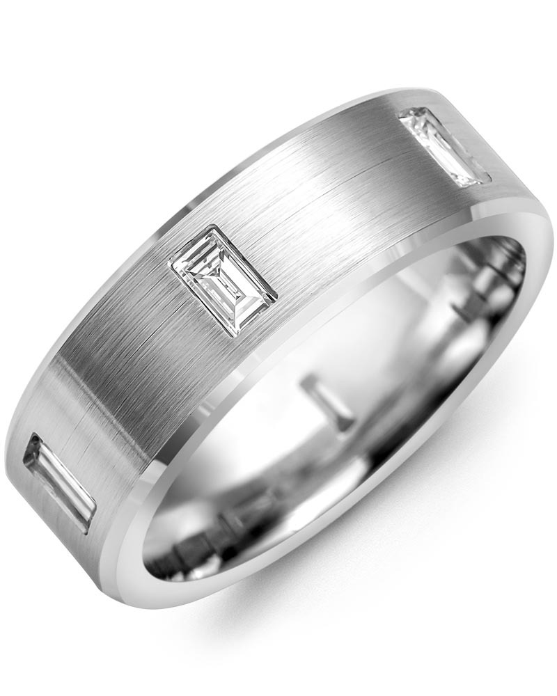 Men's & Women's White Gold + 6 Baguette Diamonds 0.72ct Wedding Band from MADANI Rings. Wedding bands, fashion rings, promise rings, made of Tungsten, Ceramic, Cobalt, and Gold. View the collection at madanirings.com