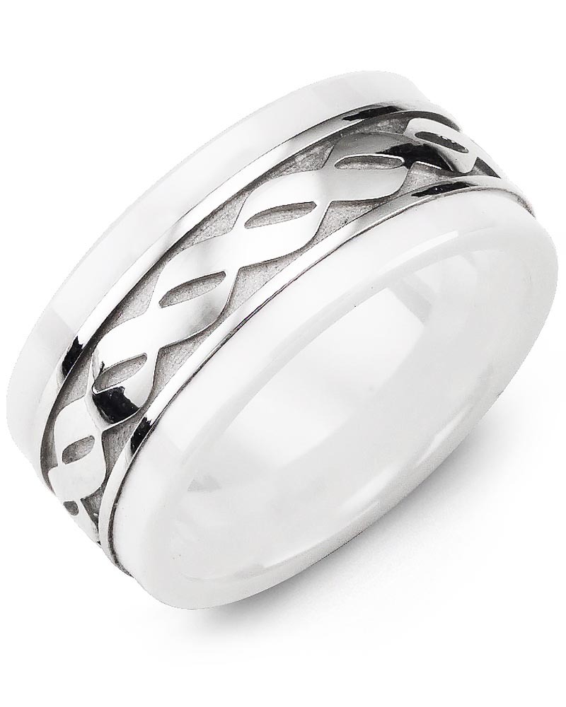 Men's & Women's White Ceramic & White Gold Wedding Band from MADANI Rings. Wedding bands, fashion rings, promise rings, made of Tungsten, Ceramic, Cobalt, and Gold. View the collection at madanirings.com