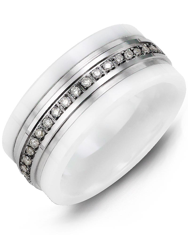 Men's & Women's White Ceramic & White Gold + 15 Diamonds 0.15ct Wedding Band from MADANI Rings. Wedding bands, fashion rings, promise rings, made of Tungsten, Ceramic, Cobalt, and Gold. View the collection at madanirings.com