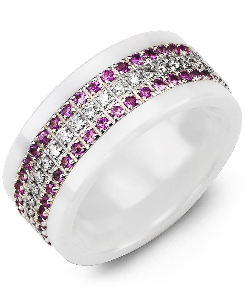 Men's & Women's White Ceramic & White Gold + 126 Pink White Gemstones 1.26ct Wedding Band from MADANI Rings. Wedding bands, fashion rings, promise rings, made of Tungsten, Ceramic, Cobalt, and Gold. View the collection at madanirings.com