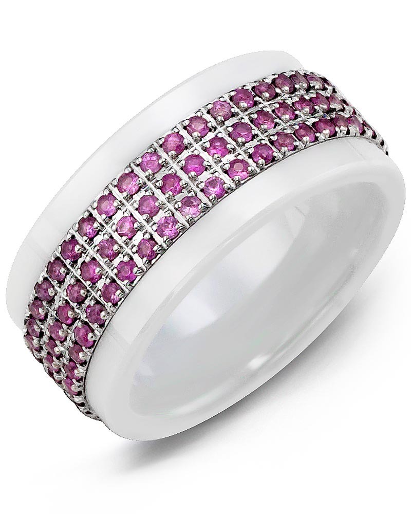 Men's & Women's White Ceramic & White Gold + 126 Pink Sapphires 1.26ct Wedding Band from MADANI Rings. Wedding bands, fashion rings, promise rings, made of Tungsten, Ceramic, Cobalt, and Gold. View the collection at madanirings.com