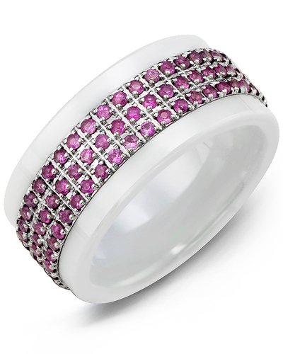 Men's & Women's White Ceramic & White Gold + 126 Pink Sapphires 1.26ct Wedding Band