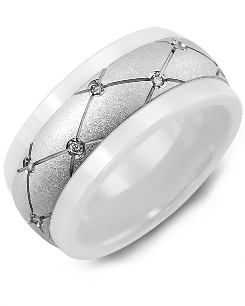 Men's & Women's White Ceramic & White Gold + 14 Diamonds 0.14ct Wedding Band from MADANI Rings. Wedding bands, fashion rings, promise rings, made of Tungsten, Ceramic, Cobalt, and Gold. View the collection at madanirings.com