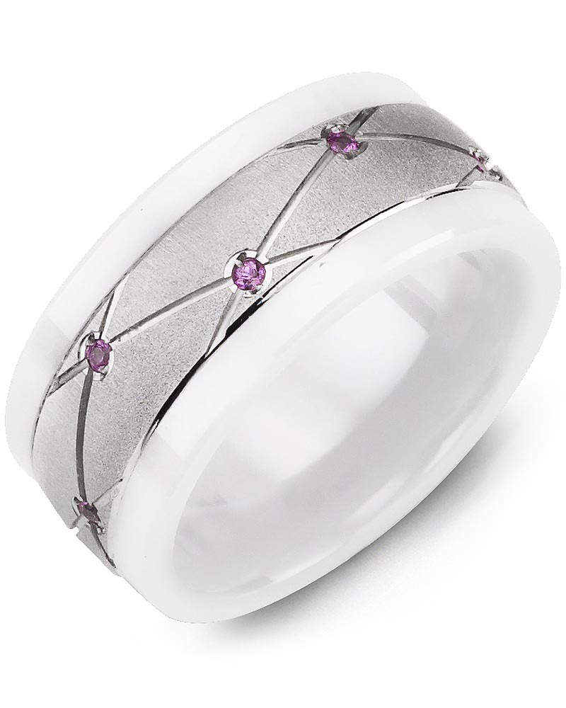 Men's & Women's White Ceramic & White Gold + 14 Pink Sapphire 0.14ct Wedding Band from MADANI Rings. Wedding bands, fashion rings, promise rings, made of Tungsten, Ceramic, Cobalt, and Gold. View the collection at madanirings.com