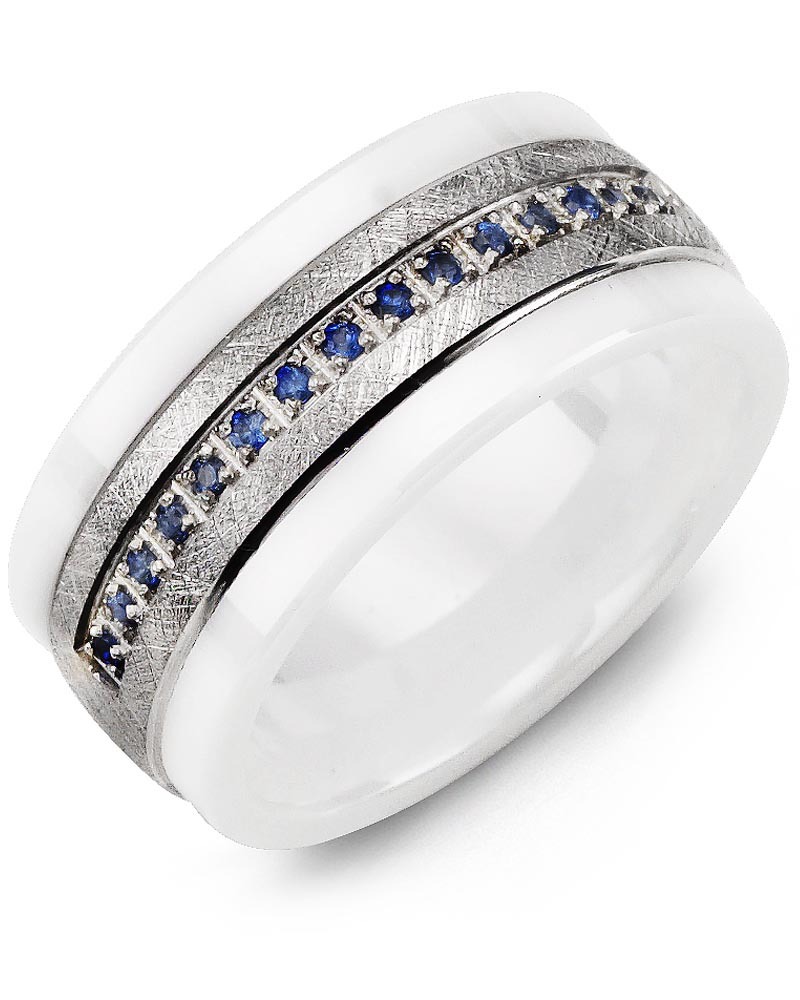 Men's & Women's White Ceramic & White Gold + 15 Blue Sapphire 0.15ct Wedding Band from MADANI Rings. Wedding bands, fashion rings, promise rings, made of Tungsten, Ceramic, Cobalt, and Gold. View the collection at madanirings.com