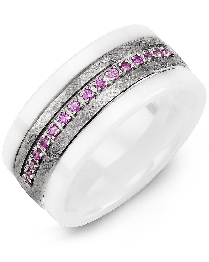Men's & Women's White Ceramic & White Gold + 15 Pink Sapphire 0.15ct Wedding Band from MADANI Rings. Wedding bands, fashion rings, promise rings, made of Tungsten, Ceramic, Cobalt, and Gold. View the collection at madanirings.com