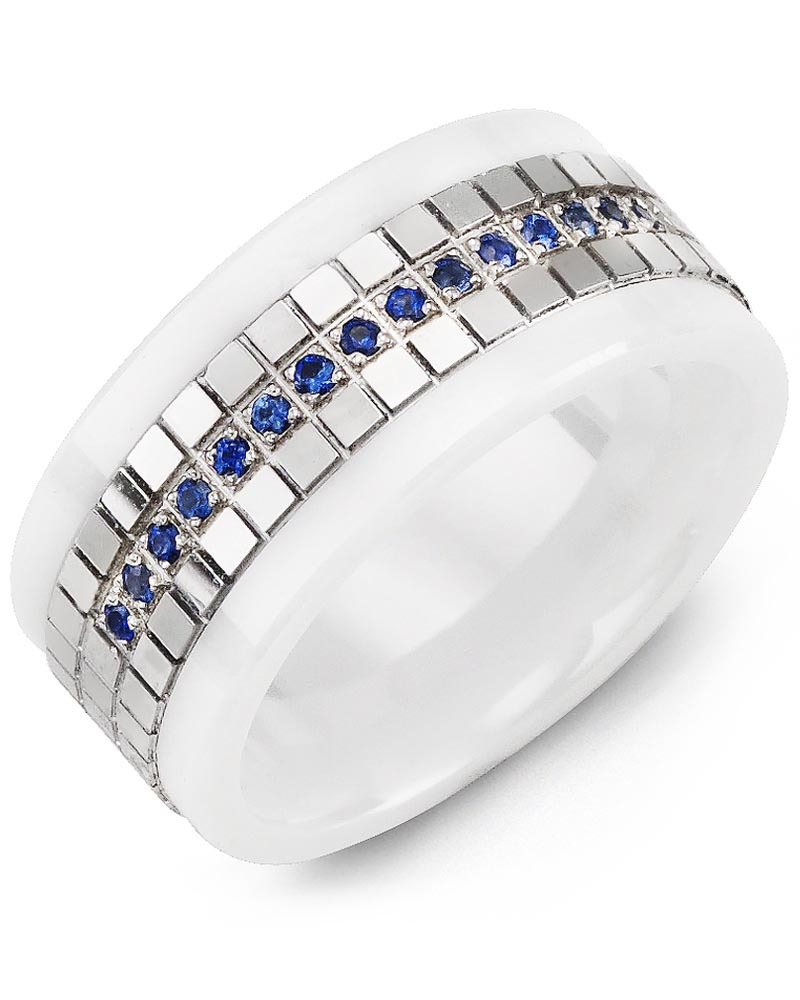 Men's & Women's White Ceramic & White Gold + 15 Blue Sapphire 0.15ct Wedding Band from MADANI Rings. Wedding bands, fashion rings, promise rings, made of Tungsten, Ceramic, Cobalt, and Gold. View the collection at madanirings.com