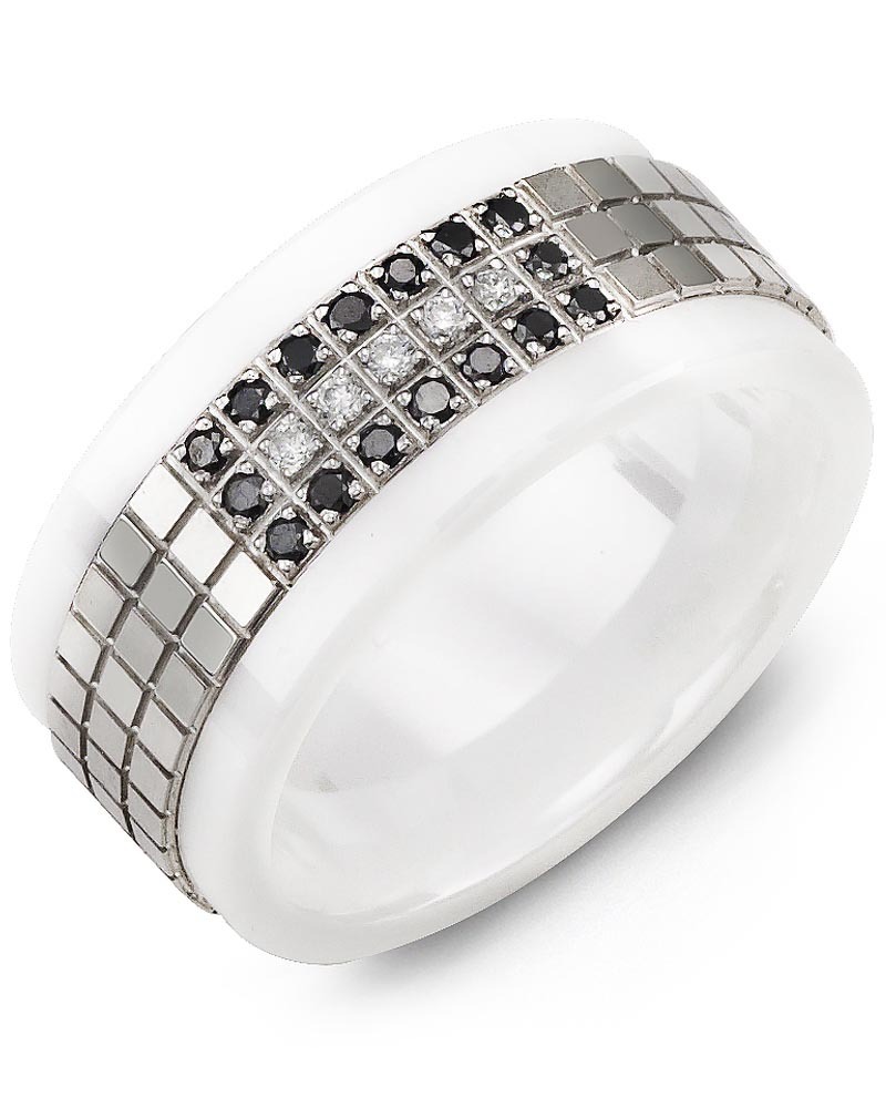 Men's & Women's White Ceramic & White Gold + 21 Black White Diamonds 0.21ct Wedding Band from MADANI Rings. Wedding bands, fashion rings, promise rings, made of Tungsten, Ceramic, Cobalt, and Gold. View the collection at madanirings.com