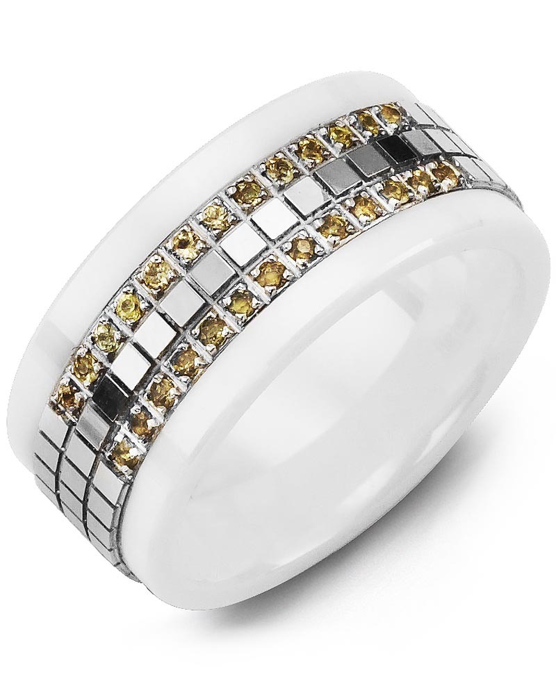 Men's & Women's White Ceramic & White Gold + 22 Yellow Sapphires 0.22ct Wedding Band from MADANI Rings. Wedding bands, fashion rings, promise rings, made of Tungsten, Ceramic, Cobalt, and Gold. View the collection at madanirings.com