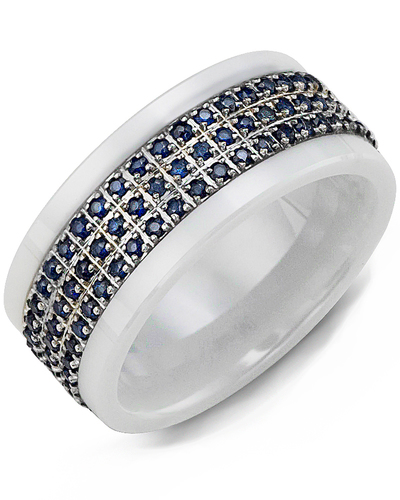 Men's & Women's White Ceramic & White Gold + 126 Blue Sapphire 1.26ct Wedding Band from MADANI Rings. Wedding bands, fashion rings, promise rings, made of Tungsten, Ceramic, Cobalt, and Gold. View the collection at madanirings.com