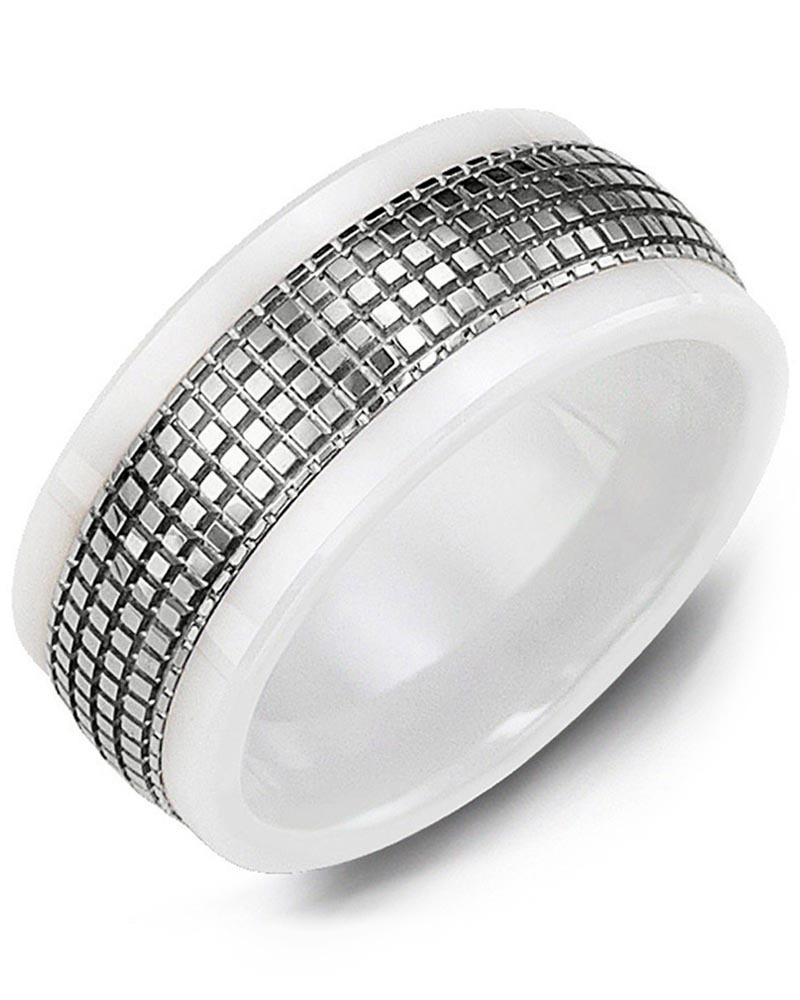 Men's & Women's White Ceramic & White Gold Wedding Band from MADANI Rings. Wedding bands, fashion rings, promise rings, made of Tungsten, Ceramic, Cobalt, and Gold. View the collection at madanirings.com