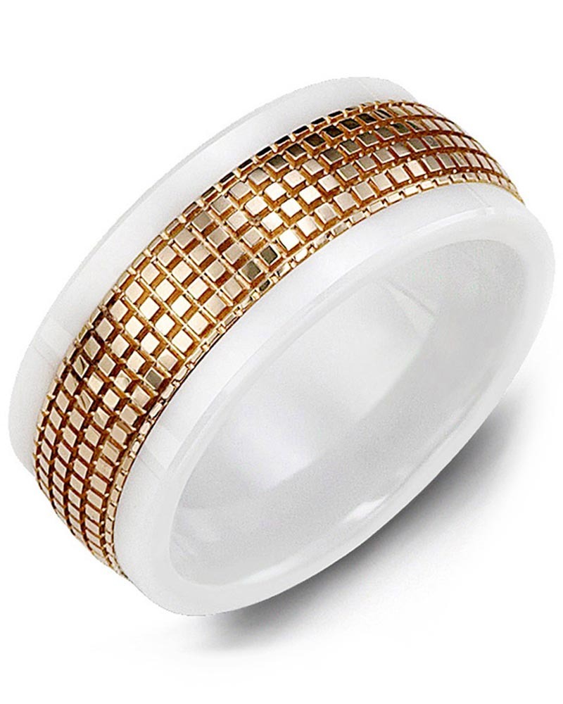 Men's & Women's White Ceramic & Rose Gold Wedding Band