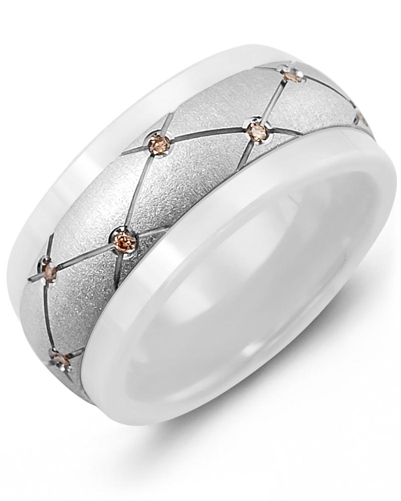Men's & Women's White Ceramic & White Gold + 14 Chocolate Diamonds 0.14ct Wedding Band from MADANI Rings. Wedding bands, fashion rings, promise rings, made of Tungsten, Ceramic, Cobalt, and Gold. View the collection at madanirings.com