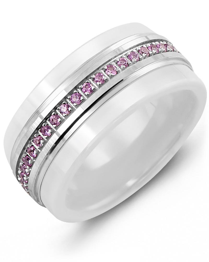 Men's & Women's White Ceramic & White Gold + 21 Pink Sapphires 0.21ct Wedding Band from MADANI Rings. Wedding bands, fashion rings, promise rings, made of Tungsten, Ceramic, Cobalt, and Gold. View the collection at madanirings.com