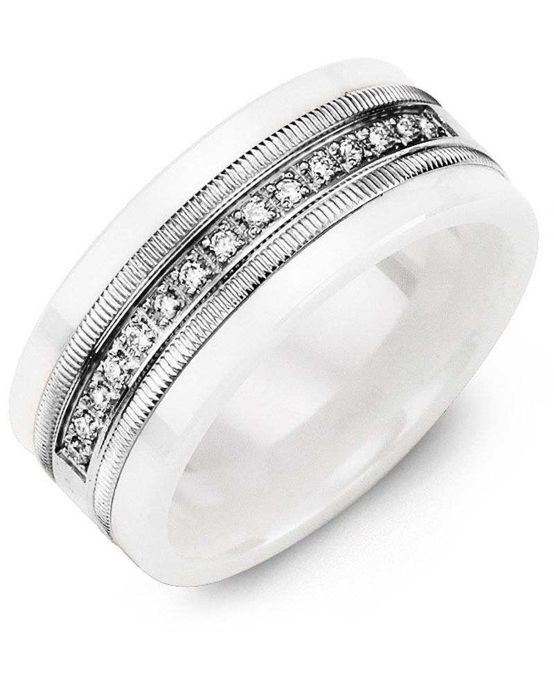 Men's & Women's White Ceramic & White Gold + 15 Diamonds 0.15ct Wedding Band from MADANI Rings. Wedding bands, fashion rings, promise rings, made of Tungsten, Ceramic, Cobalt, and Gold. View the collection at madanirings.com
