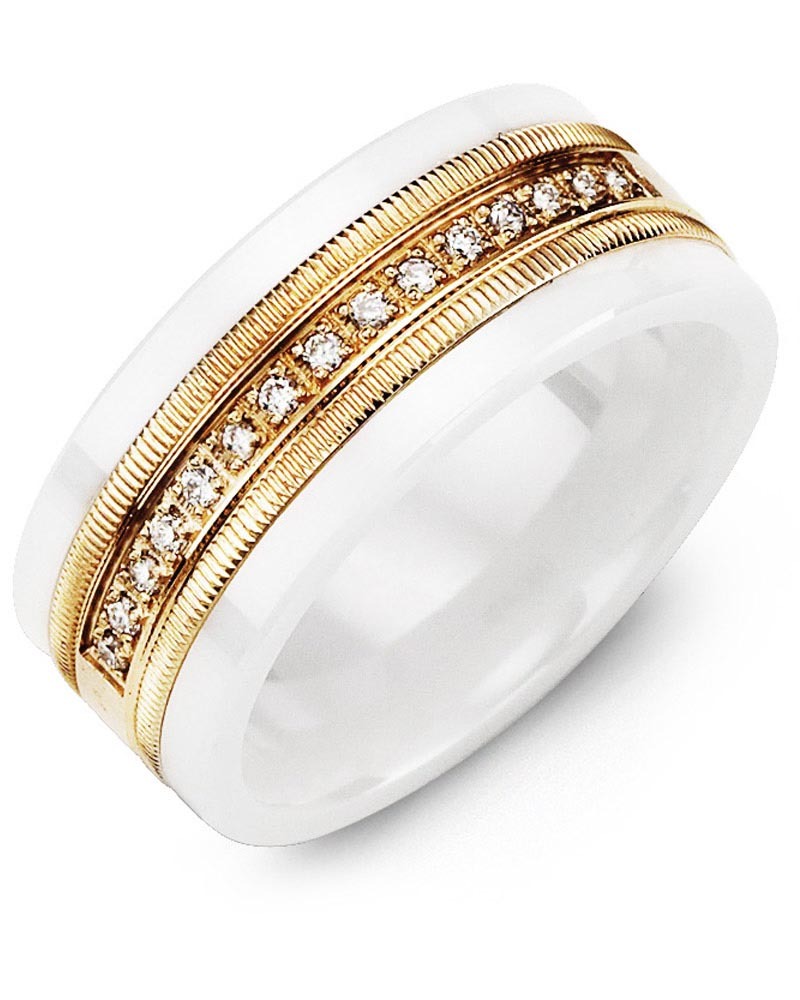 Men's & Women's White Ceramic & Rose Gold + 15 Diamonds 0.15ct Wedding Band Men's & Women's White Ceramic & Rose Gold + 15 Diamonds 0.15ct Wedding Band