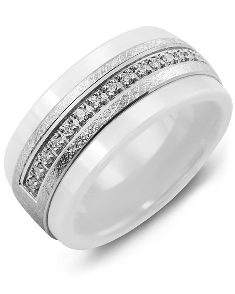 Men's & Women's White Ceramic & White Gold + 15 Diamonds 0.15ct Wedding Band from MADANI Rings. Wedding bands, fashion rings, promise rings, made of Tungsten, Ceramic, Cobalt, and Gold. View the collection at madanirings.com