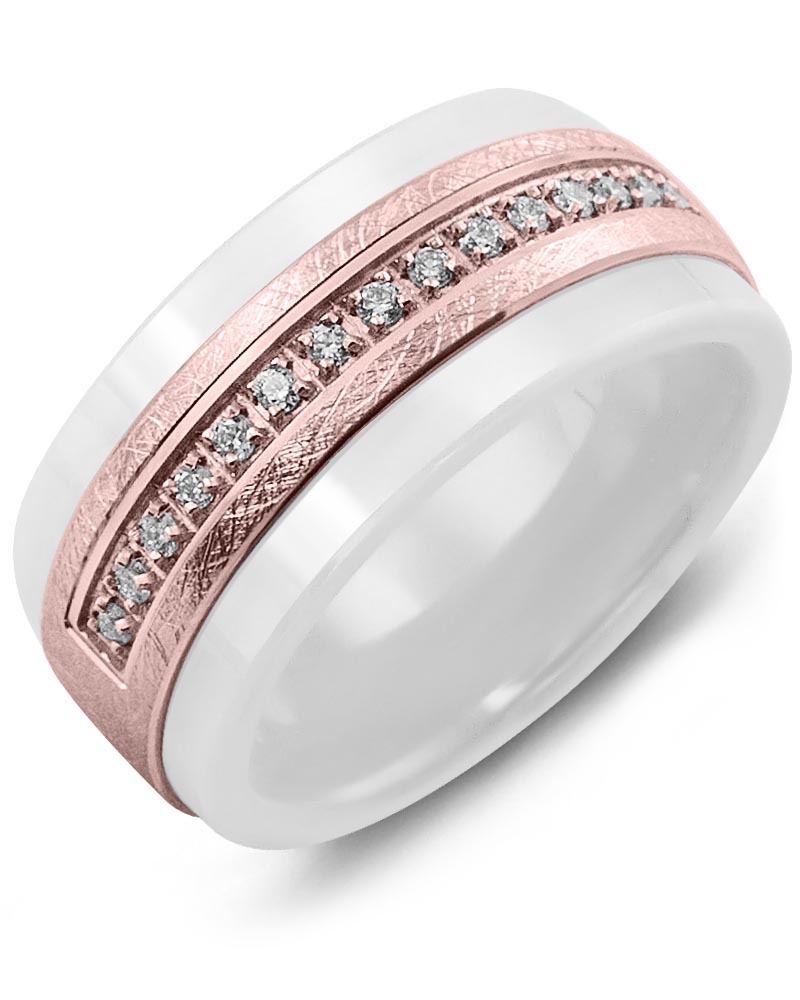 Men's & Women's White Ceramic & Rose Gold + 15 Diamonds 0.15ct Wedding Band