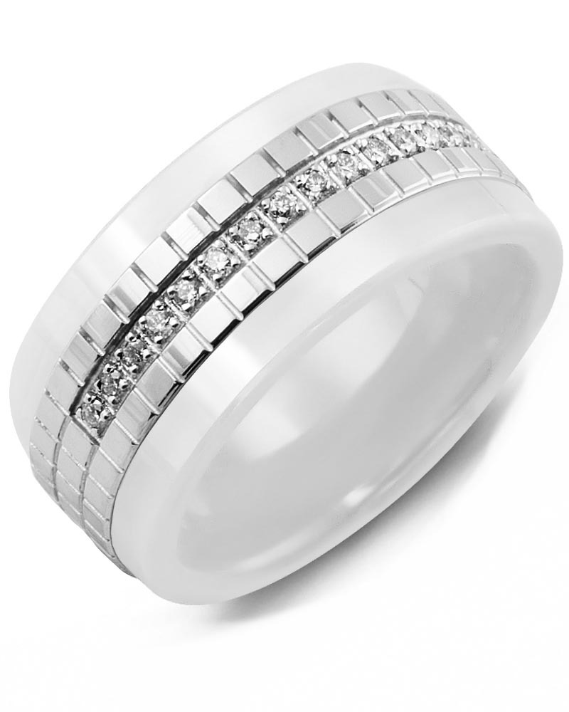 Men's & Women's White Ceramic & White Gold + 15 Diamonds 0.15ct Wedding Band from MADANI Rings. Wedding bands, fashion rings, promise rings, made of Tungsten, Ceramic, Cobalt, and Gold. View the collection at madanirings.com