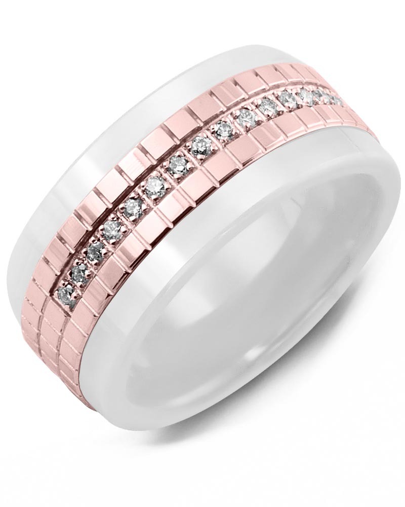 Men's & Women's White Ceramic & Rose Gold + 15 Diamonds 0.15ct Wedding Band