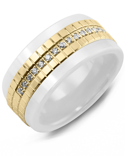 Men's & Women's White Ceramic & Yellow Gold + 15 Diamonds 0.15ct Wedding Band