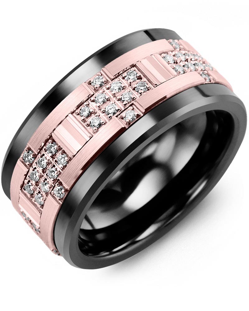 Men's & Women's Black Ceramic & Rose Gold + 30 Diamonds 0.30ct Wedding Band