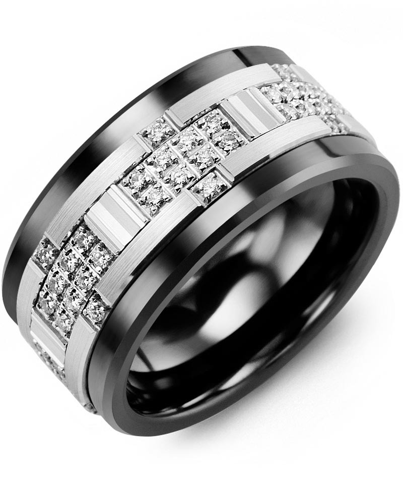 Men's & Women's Black Ceramic & White Gold + 30 Diamonds 0.30ct Wedding Band