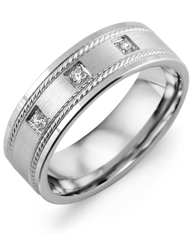 Men's & Women's White Gold + 3 Diamonds 0.06ct Wedding Band from MADANI Rings. Wedding bands, fashion rings, promise rings, made of Tungsten, Ceramic, Cobalt, and Gold. View the collection at madanirings.com